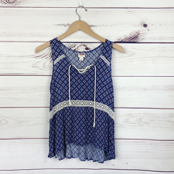 MOSSIMO Navy Boho Pattern Lace Up Tank Top S - Picture 3 of 7